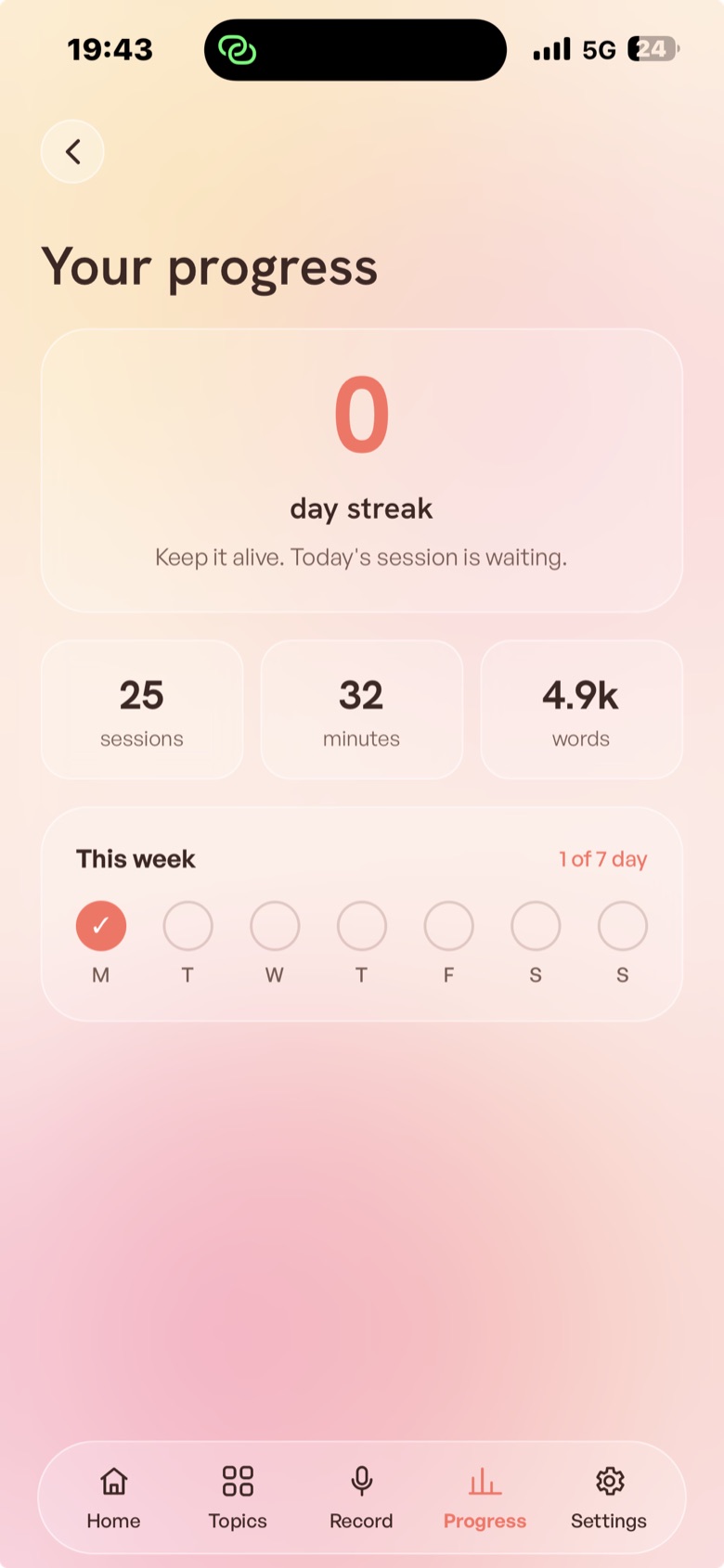 Progress screen with streak, session stats and weekly overview