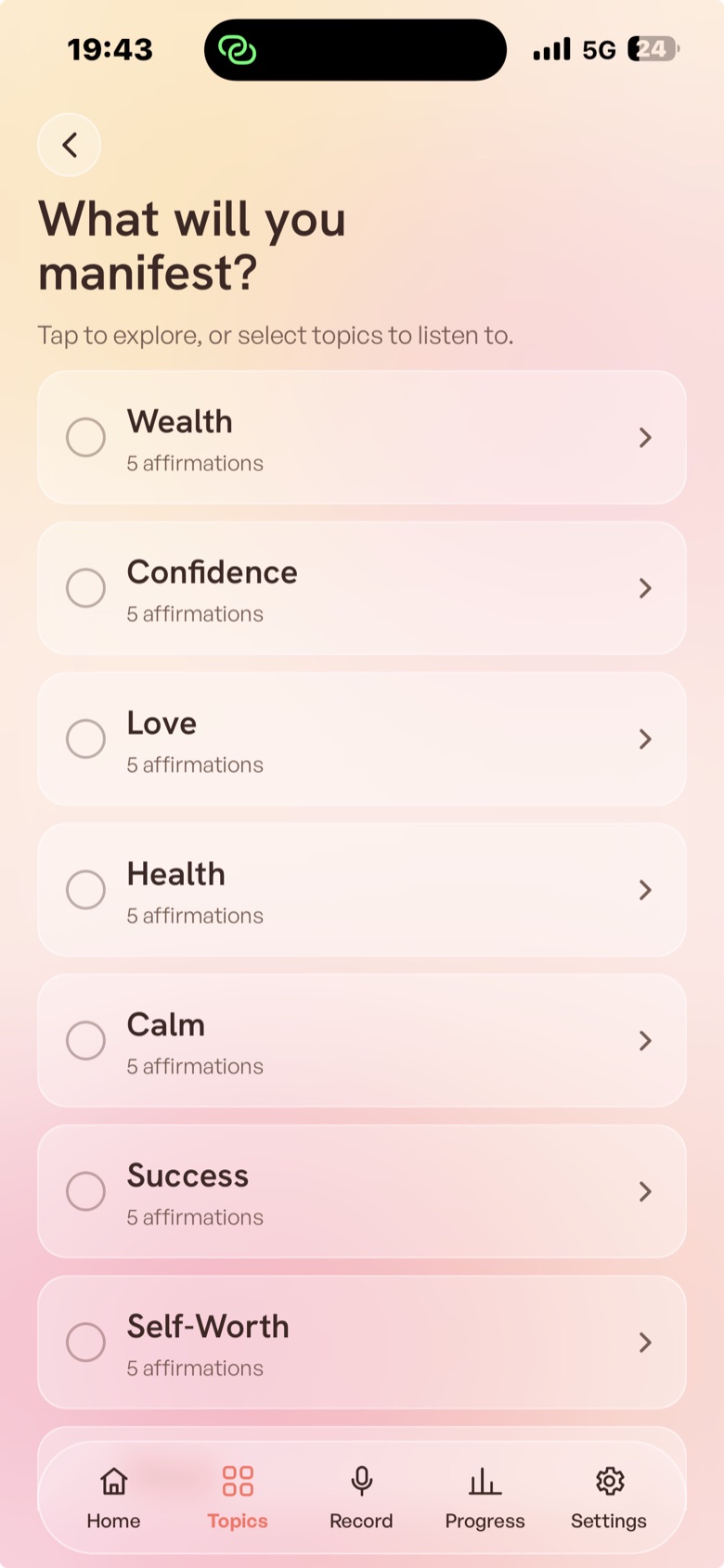 Topic picker: wealth, confidence, love, health, calm and more
